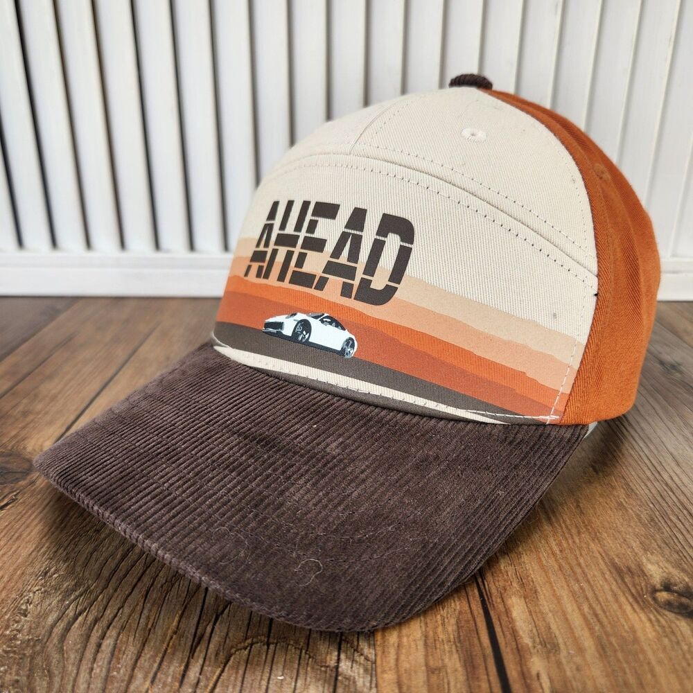 Porsche AHEAD Strapback Hat Brown Orange Corduroy Bill Camper Lifestyle Cap